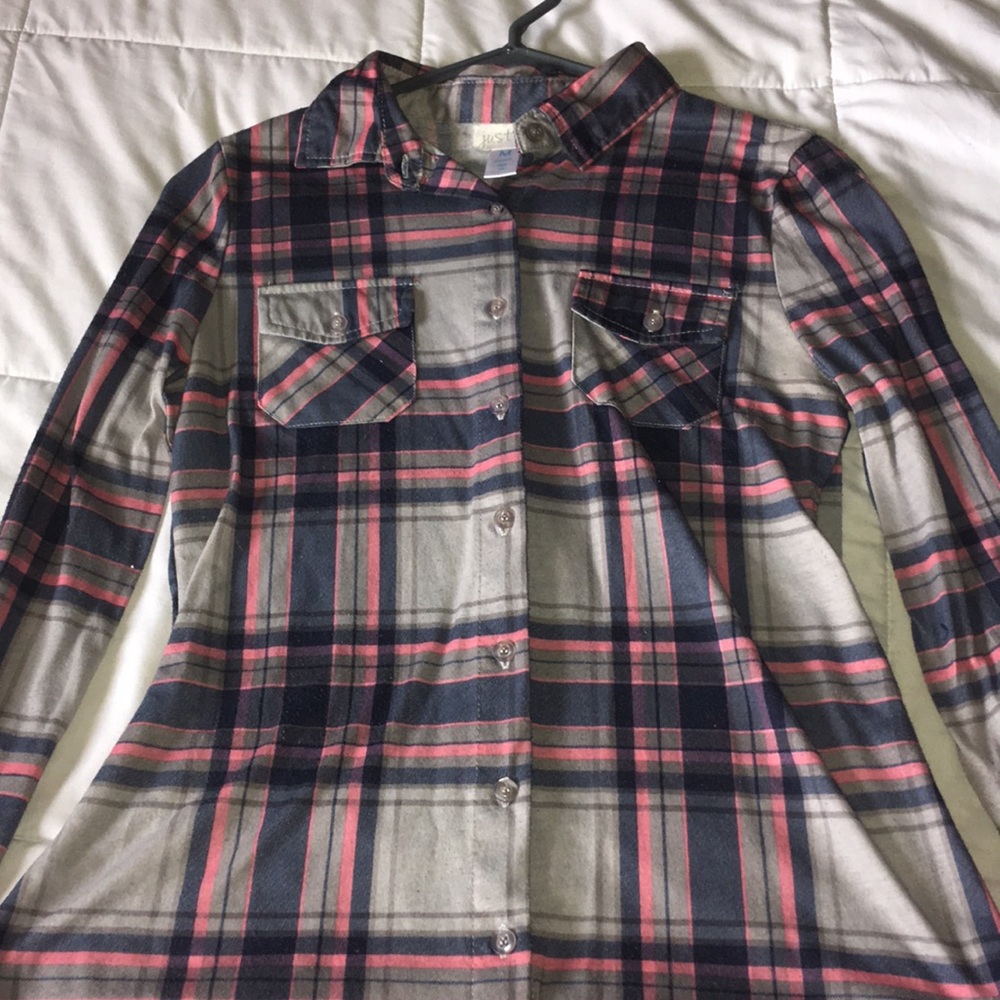 Blue, pink, and grey flannel.